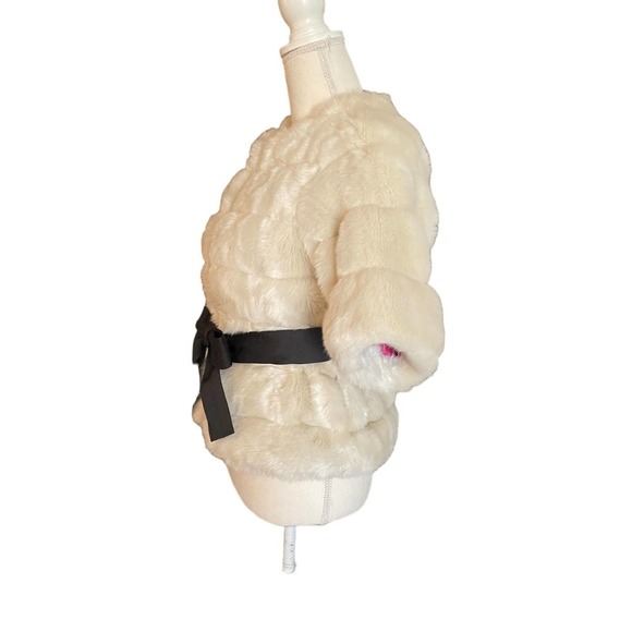 MM Couture by Miss Me Womens Faux Fur Jacket Tie-Waist 3/4 Sleeve Size S Cream - Picture 6 of 13